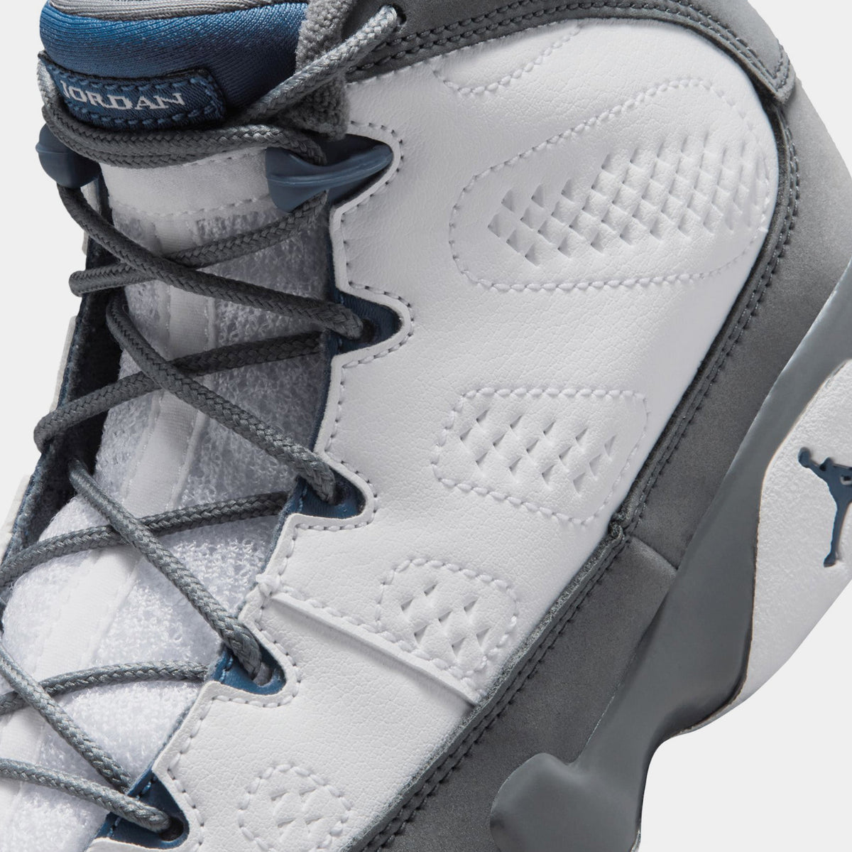 Air Jordan 9 Retro Flint Grey and French Blue Preschool Lifestyle Shoes (White/French Blue/Flint Grey)