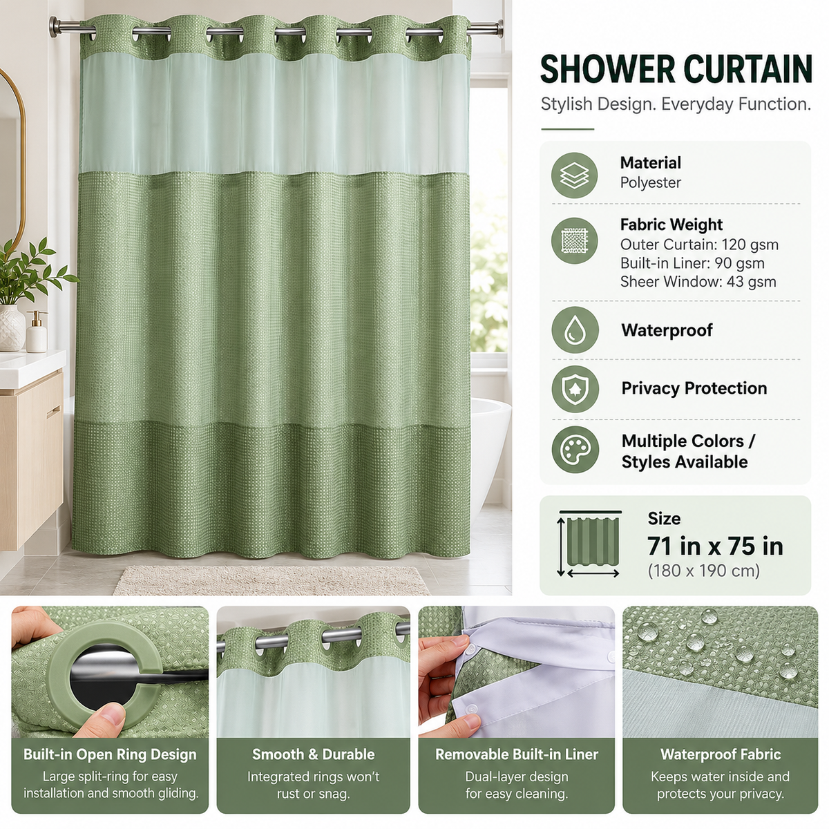 Double Layer Waffle-Pattern Shower Curtain