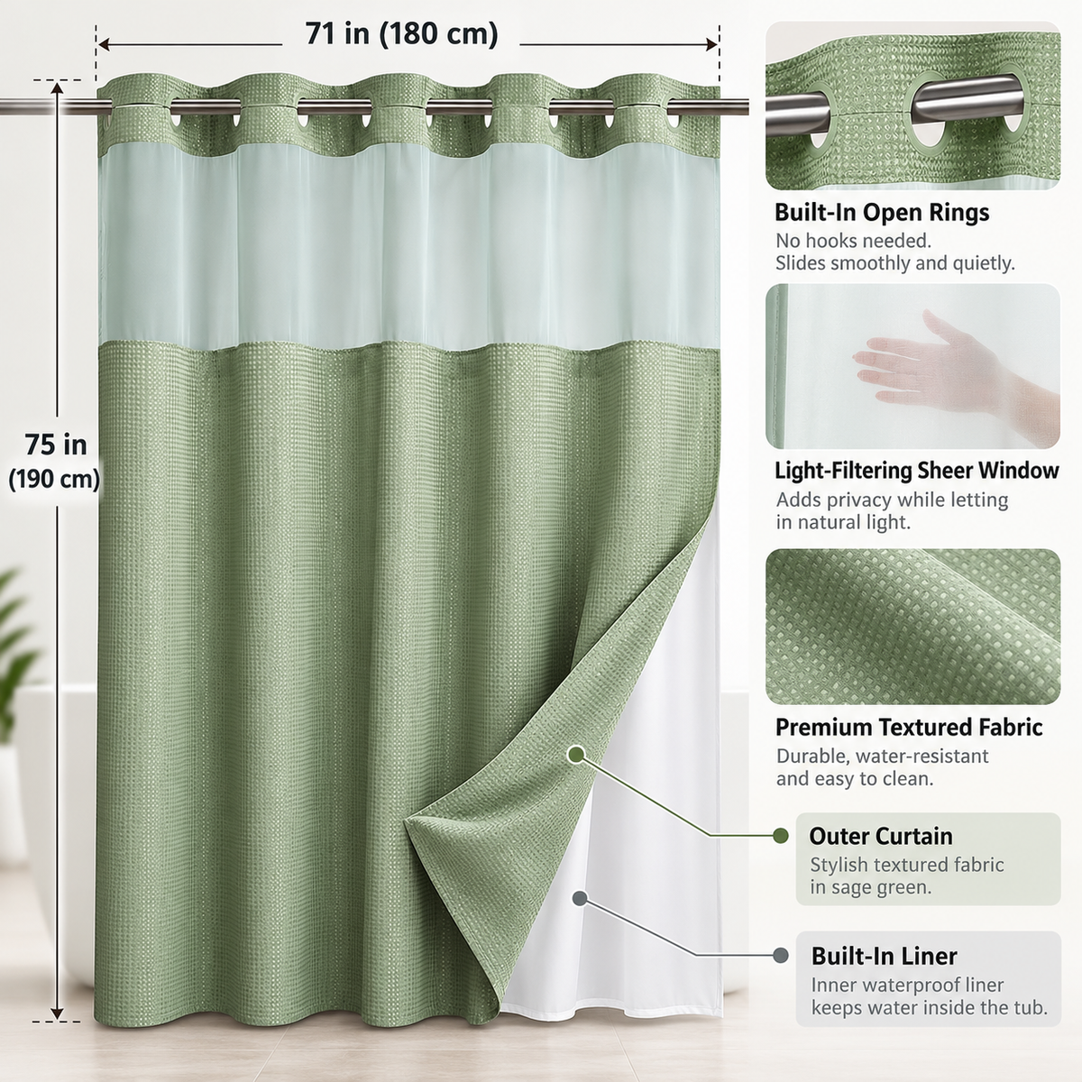 Double Layer Waffle-Pattern Shower Curtain