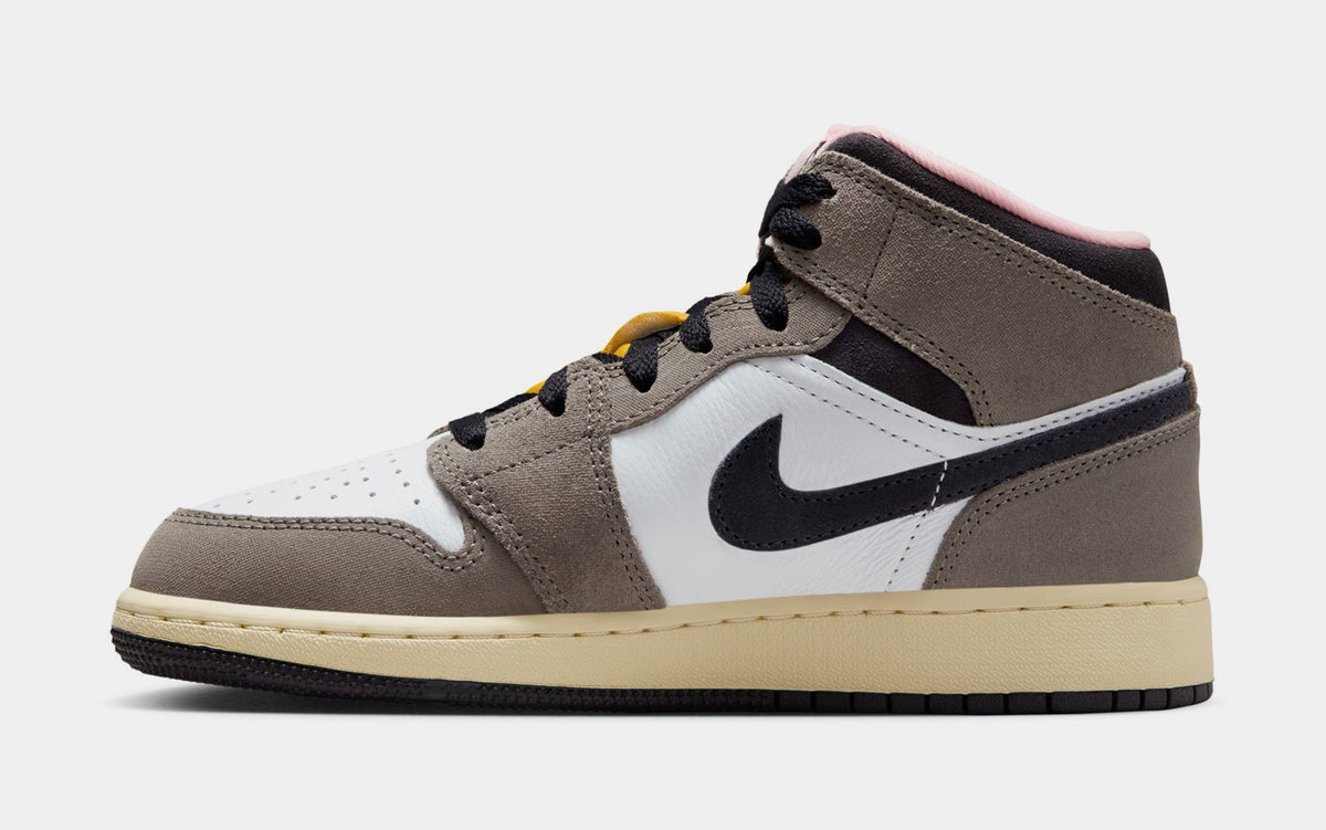 Air Jordan 1 Mid SE Grade School Lifestyle Shoes (White/Cave Stone/Dark Sulfur/Oil Grey)