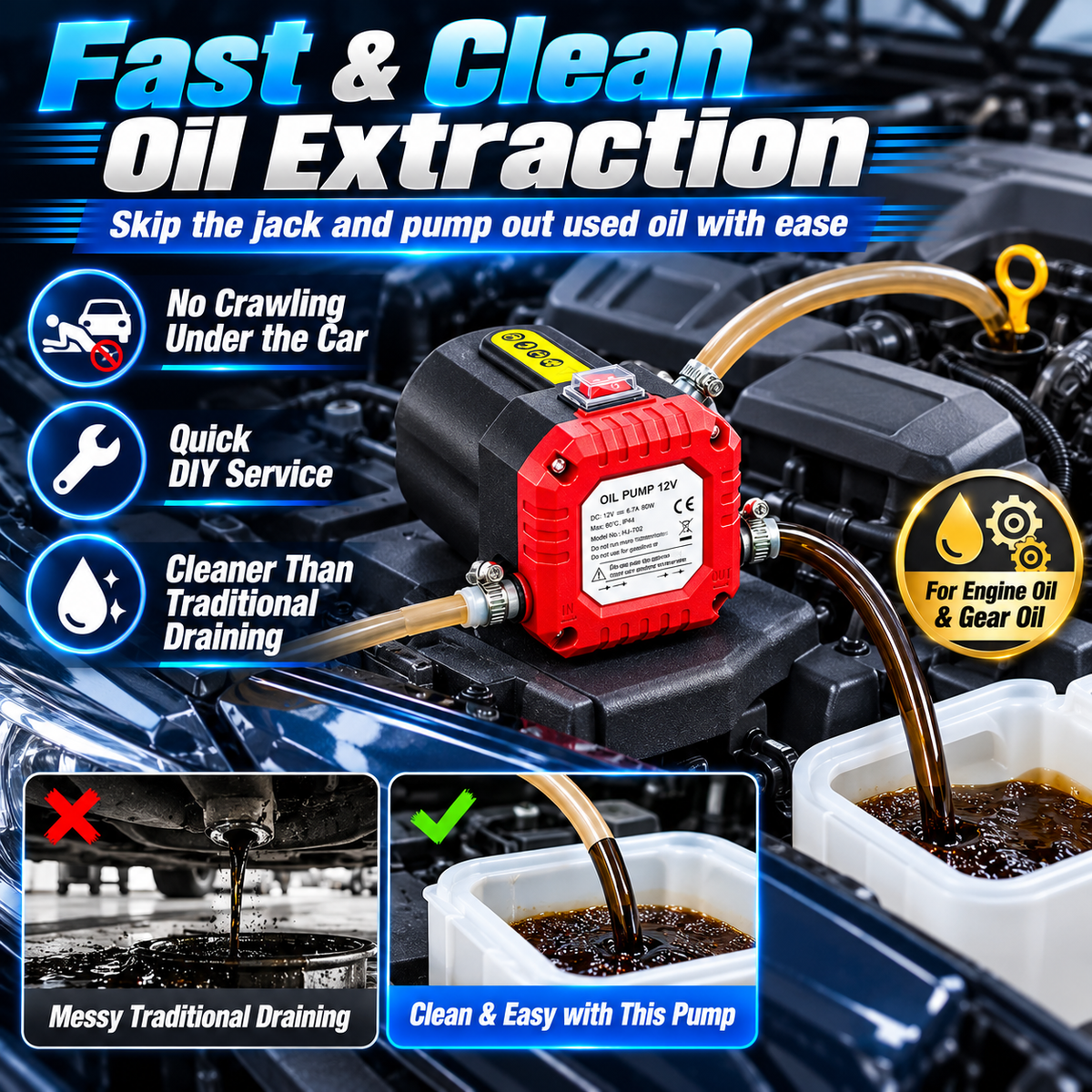 12V 80W Oil Extractor Pump, Oil Removal Transfer Suction Pump for Fluid Change