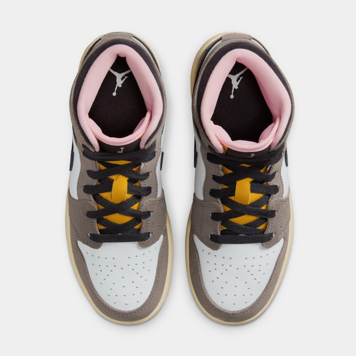Air Jordan 1 Mid SE Grade School Lifestyle Shoes (White/Cave Stone/Dark Sulfur/Oil Grey)