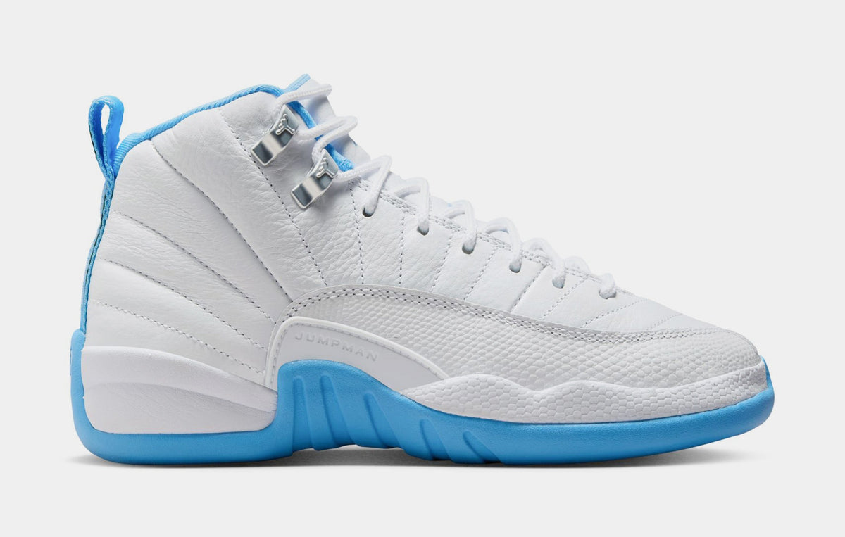 Air Jordan 12 Retro White and University Blue Grade School Lifestyle Shoes (White/University Blue/Metallic Silver)